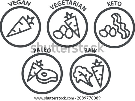Icon set with diets like vegan, vegetarian, ketogenic, paleo and raw.