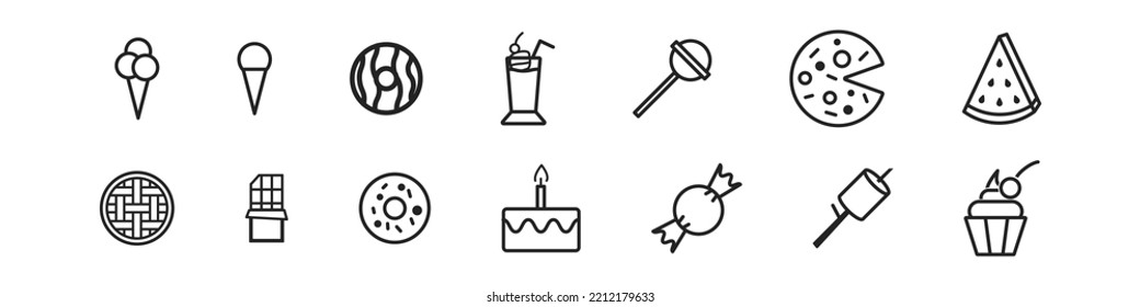 Juego de iconos de diferentes postres como pasteles, batidos, donut, helados y otros. Símbolo de cumpleaños y evento. Ilustración vectorial. 