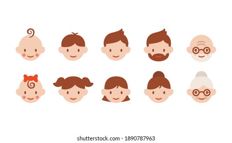 Icon set of different age groups of people from baby to elder (Cute simple flat graphic art style) 