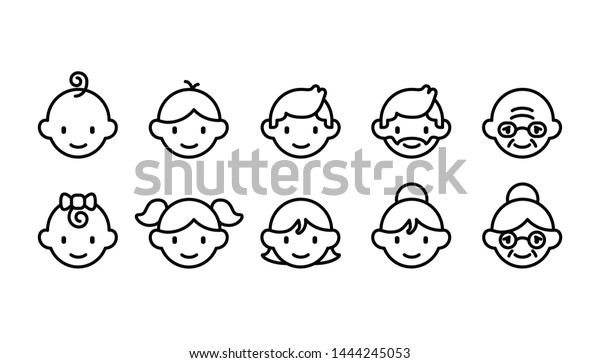 Icon set of different age groups of\
people from baby to elder (Cute simple art style)\
