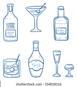 Icon set of different alcoholic drinks and spirituous beverages in bottles and glasses, as whiskey, gin, martini and grog. Hand drawn doodle vector illustration.