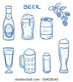 Icon set of different beer glasses for lager and bavarian wheat beer, a beer bottle and a tin.  Hand drawn doodle vector illustration.