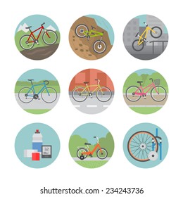 Icon set of different bicycles in flat design style