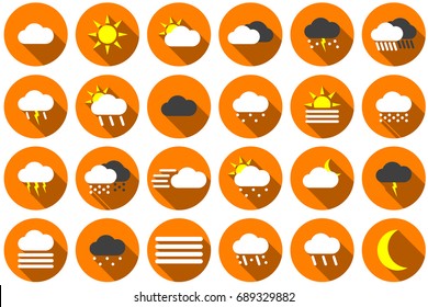 Icon set of different colored weather symbols in orange.
