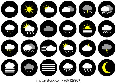 Icon set of different colored weather symbols in black.