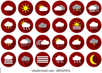 Icon set of different colored weather symbols in red.
