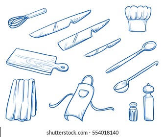 Icon set of different cooking or kitchen supplies as some knifes, spoons and chef's hat and skirting. Hand drawn doodle vector illustration.