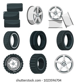 Icon set of different disks for wheels and tires. Vector pictures set in cartoon style. Illustration of car disk and tire, wheel rim for automobile