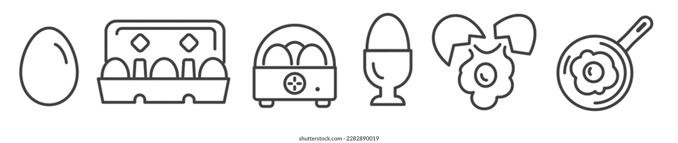 Icon Set of different eggs, cooking methods and kitchen utensil - Vector Illustration -  Editable Thin Line Icons Collection on white Background for Web and Print