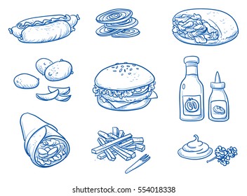 Icon set of different fast food meals and supplements as burger, wrap, doner kebab with some side dishes as fries, potatoes, onions and some ketchup and mustard. Hand drawn doodle vector illustration.