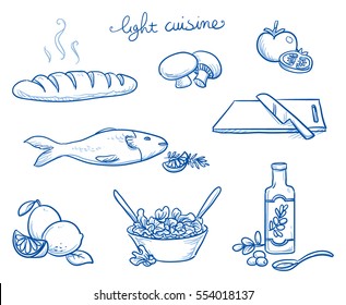 Ícone conjunto de diferentes alimentos e objetos de cozinha da cozinha francesa luz como legumes, peixe, óleo e saladas frescas. Ilustração vetorial doodle desenhada à mão.