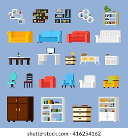 Icon set of different furniture elements for living room cabinet or hall orthogonal isolated vector illustration