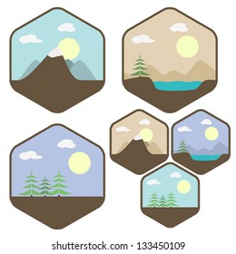 Icon set of different landscapes: forest, lake, mountain