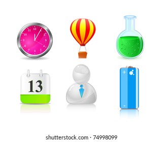 icon set of different objects. Clock, aerostat, calendar, avatar,battery,flask