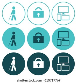 Icon set for different sizes of screens and media devices: accessibility, ssl, responsive. Blind person with a white cane, padlock, screen sizes