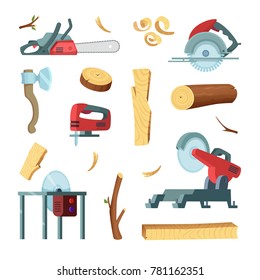 Icon set of different tools of wood industry production. Wood material and equipment for work. Vector illustration