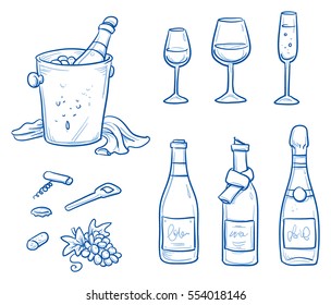 Icon set of different wine and sparkling wine bottles and glasses, some bottle openers and a champagne bucket. Hand drawn doodle vector illustration.