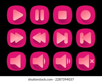 Icono establecido para el reproductor digital.  Activado, desactivado, desplazado, diferentes niveles de volumen, silenciar, pausar, parar, grabar en una insignia de círculo.