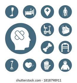 conjunto de iconos de discapacidades y cabeza de pictograma sobre fondo blanco, estilo de silueta, ilustración vectorial