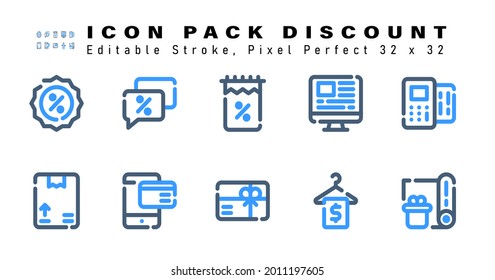 Icon Set of Discount Two Color Icons. Contains such Icons as Payment, Box Upload, Mobile Payment, Gift etc. Editable Stroke. 32 x 32 Pixel Perfect