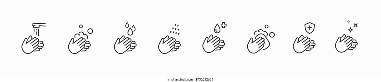 Icon set of disease prevention protect. Vector sanitizer, antiseptic, antibacterial symbols. Healthcare wash hands with rinse water, tap, soap drop and safety icons.