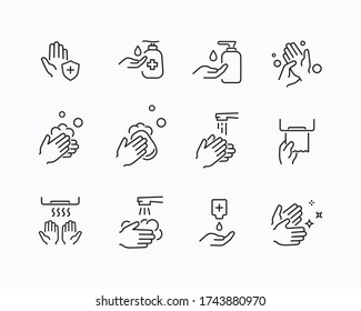 Icon set of disease prevention protect. Vector sanitizer, antiseptic, antibacterial symbols. Healthcare wash hands process with rinse water, tap, soap, towel and safety icons.