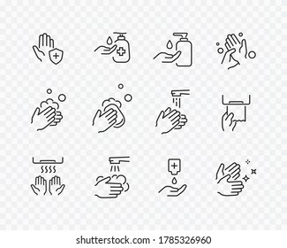 Icon set of disease prevention protect. Vector sanitizer, antiseptic, antibacterial symbols. Healthcare wash hands process with rinse water, tap, soap, towel and safety icons