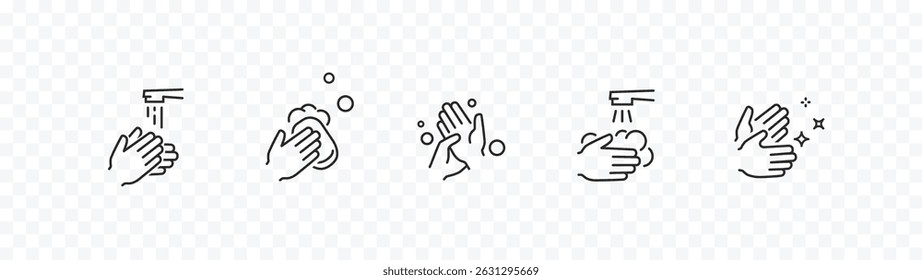 Icon set of disease prevention protect. Vector sanitizer, antiseptic, antibacterial symbols. Healthcare wash hands process with rinse water, tap, soap and safety signs
