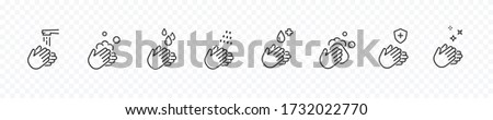 Icon set of disease prevention protect. Vector sanitizer, antiseptic, antibacterial symbols. Healthcare wash hands with rinse water, tap, soap drop and safety icons.