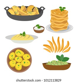 Icon set of dishes of potatoes on white background. Vector illustration.