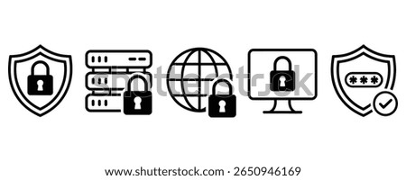 Icon set displays data protection. Includes lock on shield, computer server, globe, monitor plus password protection with transparent backdrop.