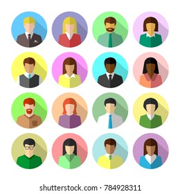 Icon set of diverse business people in colorful flat design. Avatar in circle shape with long shadow.