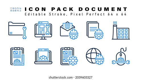 Icon Set of Document Two Color Icons. Contains such Icons as Factory, Plan, Laptop, Clipboard etc. Editable Stroke. 64 x 64 Pixel Perfect