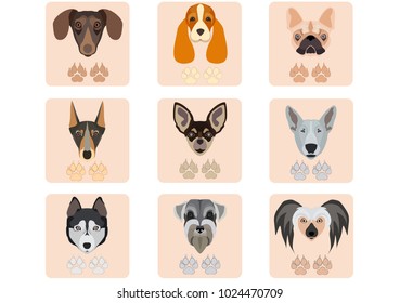 Icon set of dog character with paw print. Dog head set