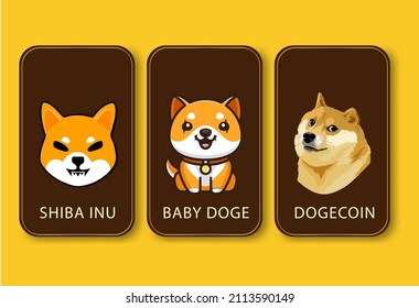 Icon Set Doge Münzen Karte, Doge Münze, Shiba inu (SHIB), Baby Doge, Doge Meme Krypto Währung. Vektor eps10