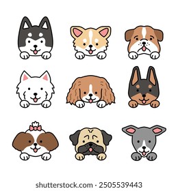 Conjunto de iconos perros cachorros mascota linda ilustración de estilo kawaii dibujo de la cabeza disparo cara colección raza de perro - terrier, schnauzer en miniatura, poodle, husky, pug, spaniel, golden retriever, doberman