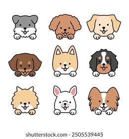 Icon set dogs puppies pet cute kawaii style illustration drawing head shot face collection dog breed - terrier, miniature schnauzer, poodle, husky, pug, spaniel, golden retriever, doberman