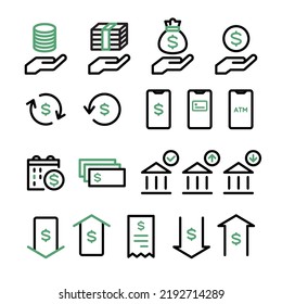 Icon set of dollar money, banknotes, coins, payment, investment, accounting, currency, e-money, household, finance
