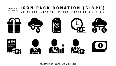 Icon Set of Donation Glyph Icons. Contains such Icons as Cloud Money, Cash, Manager, Investor etc. Editable Stroke. 64 x 64 Pixel Perfect