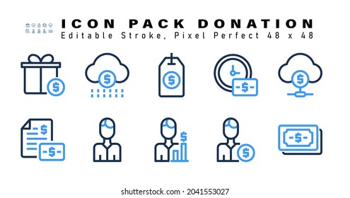 Icon Set of Donation Two Color Icons. Contains such Icons as Cloud Money, Cash, Manager, Investor etc. Editable Stroke. 48 x 48 Pixel Perfect
