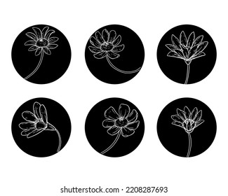 Icon Set Doodle Flower Black and White Illustrations Vector 