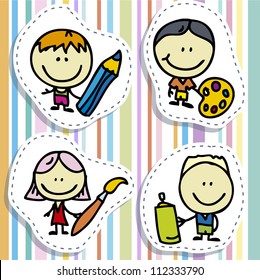 Icon set of doodle happy children with pen, pencil and paintbrush