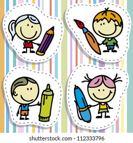 Juego de iconos de niños felices de doodle con lápiz, lápiz y pincel