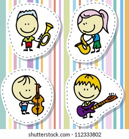 Icon set of doodle happy children band with musical instruments