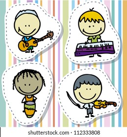 Icon set of doodle happy children band with musical instruments