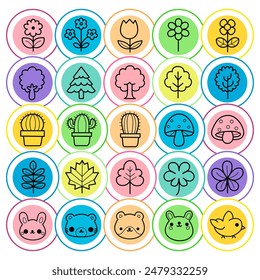 Icon set of doodle nature and animals in pastel circles, various natural world elements, black and white line art style, vector and illustration.
