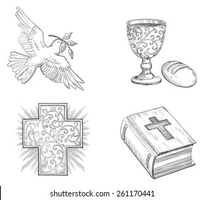 Icon set of Dove with olive branch, Religious cross, Bread,  gold Chalice with Wine and  Bible  at doddle style