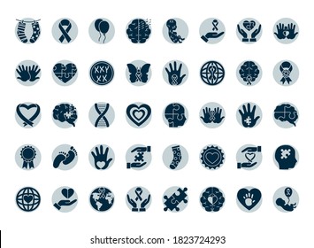 conjunto de iconos del síndrome de abajo sobre fondo blanco, estilo de silueta, ilustración vectorial