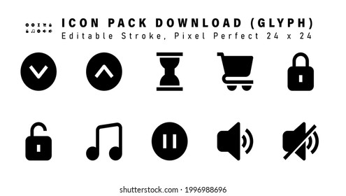 Icon Set of Download Glyph Icons. Contains such Icons as Lock, Unlock, Music Note, Pause etc. Editable Stroke. 24 x 24 Pixel Perfect