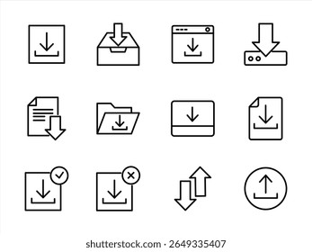 Symbol Set Download-Zeile. Enthält Uploads, Dokumente, Links, Download-Dateien, Ordner, Daten und mehr. Vektorgrafik